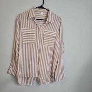 MSI Tan and White Casual Button Down Shirt with Modern Stripes